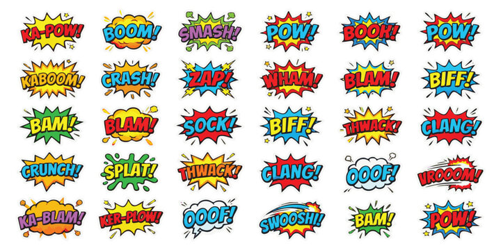 Set of colorful comic book speech bubbles with funny sound effects and action words for pop art illustration