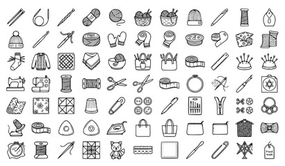 Naklejka premium Handcrafted Knitting and Sewing Icon Bundle with Black Line Art Yarn and Needle Vectors