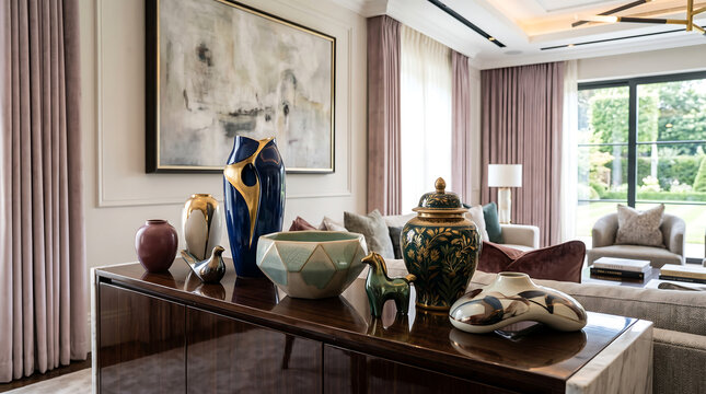 Luxurious Modern Living Room Interior with Elegant Decorative Vases and Contemporary Art