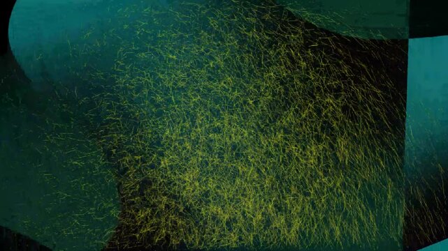 Glowing yellow particles flowing over abstract dark teal waves in a 4k loop