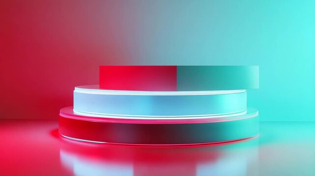 Empty product display podium with neon blue and pink light
