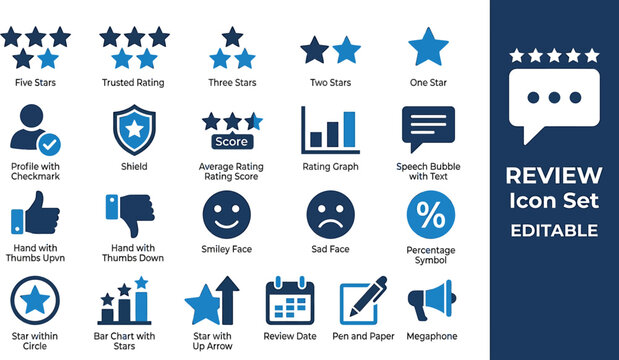 Review icon set displays various feedback symbols including stars, speech bubbles, smiley faces, and rating graphs for digital interfaces.