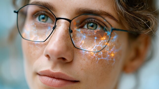 Cinematic macro shot with futuristic light projection showing a thoughtful woman with glasses, a glowing neural network on her face representing artificial intelligence, machine learning, and biometri