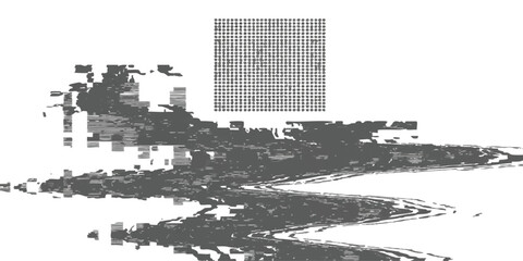 Obraz premium Abstract halftone dot pattern grid design with digital glitch effect and distorted lines in black and white