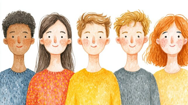 Hand-painted watercolor character illustration of a diverse group of five smiling young friends standing together in unity, representing community and inclusion.