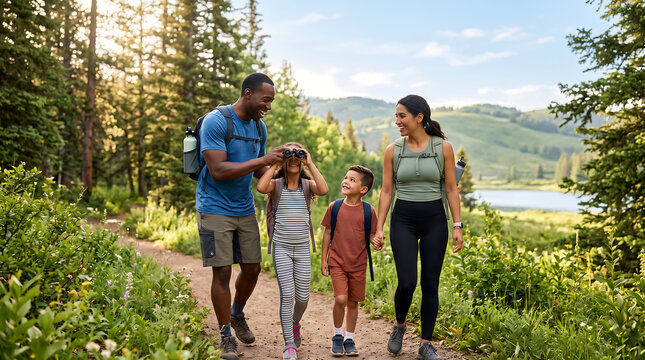 Happy Family Hiking on a Scenic Mountain Trail with Girl Looking Through Binoculars