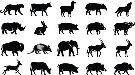 Obraz premium Wild Animal Silhouette Vector Collection with Mammals and Farm Animals Isolated on White Background