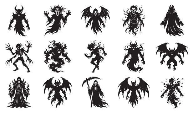Halloween Silhouette Horror Ghost Figures Vector Bundle