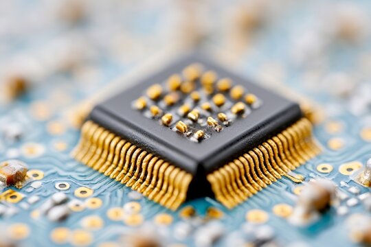 Extreme macro photography with a shallow depth of field capturing a central microchip with golden leads soldered onto a blue printed circuit board, a background for technological innovation.
