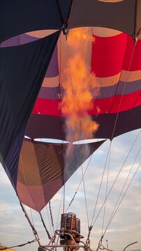 Hot air balloon, bright burning fire flame from gas burner equipment, close up from inside