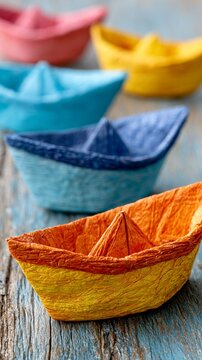 Vertical Rustic still life photography of a colorful fleet of handmade paper boats on weathered blue wood, evoking nostalgic childhood play. Vertical concept for teamwork and journey.