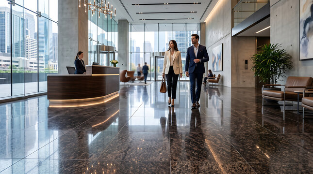 Modern Corporate Office Lobby with Business People Walking Near Reception Desk