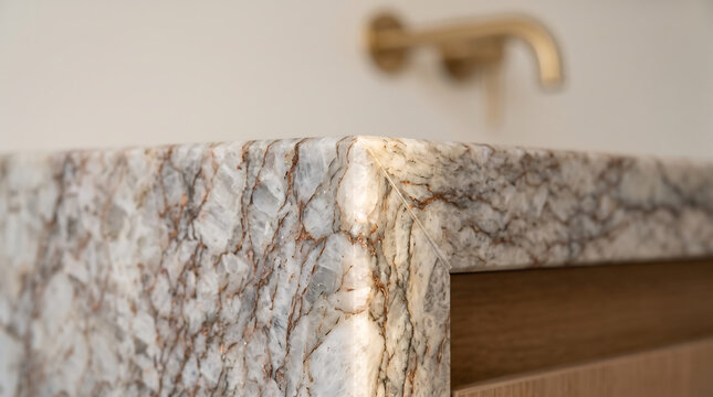 Close Up of Luxury Marble Countertop Edge in a Modern Minimalist Bathroom Interior
