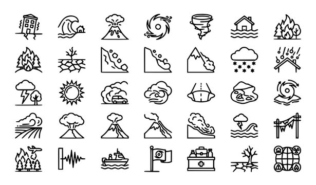Natural disaster outline icons collection | Earthquake flood hurricane tsunami volcanic eruption editable stroke illustration on white