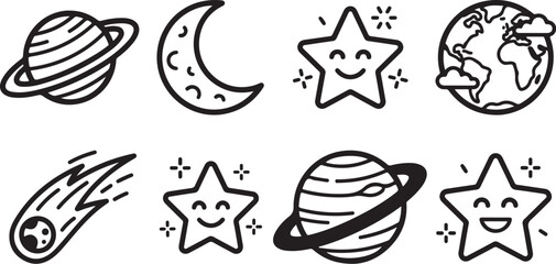 Cute space and astronomy icons set © Torikul