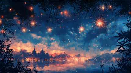 満月と花火が彩る幻想的な夜の森 夏祭りをイメージしたファンタジー風景 © 秀晃 岡庭
