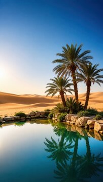 Desert Oasis With Palm Trees Reflected In Calm Water
