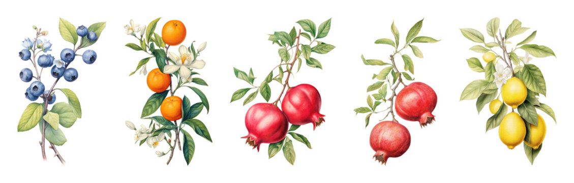 PNG Vibrant watercolor fruit illustrations on transparent background