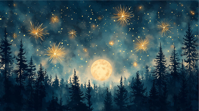満月と花火が彩る幻想的な夜の森 夏祭りをイメージしたファンタジー風景