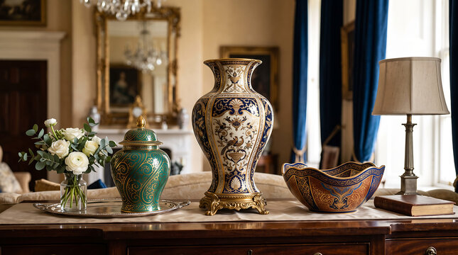 Elegant Antique Decorative Vases and Porcelain Ornaments on a Classic Wooden Sideboard Table