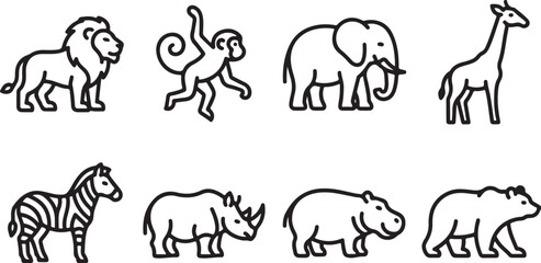 Simple line drawing of eight african animals © Torikul