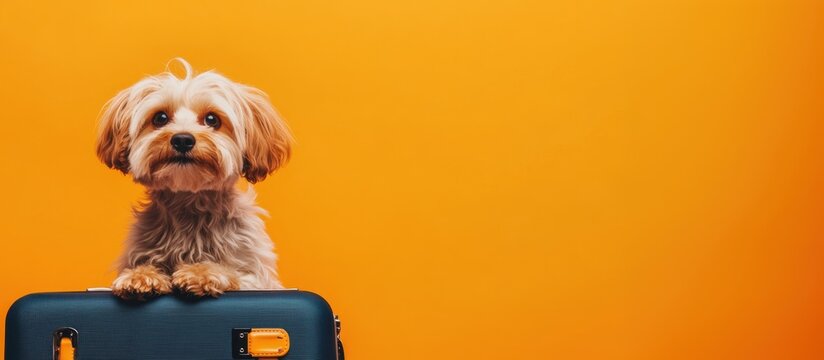 Cute happy dog sitting on a bright suitcase. Travel, vacation, and pet transportation concept