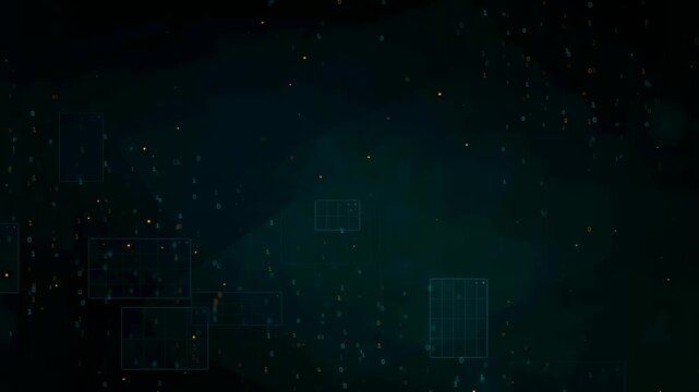 Abstract digital background with floating data particles and geometric wireframe elements in dark blue space
