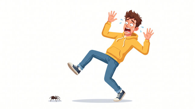 Terrified Young Man Stepping Back from Small Spider Vector Illustration