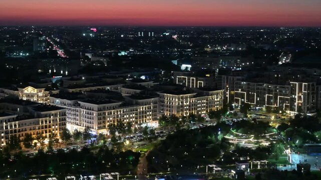 Tashkent, Uzbekistan - July 05, 2026: Panoramic Night View of Tashkent City from Above at Sunset. Illuminated Skyline, Uzbekistan. 
