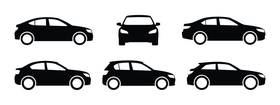 Car Silhouette Icon. Hatchback, Sedan, Compact, and Passenger Vehicle Symbols for Automotive and Transport Design