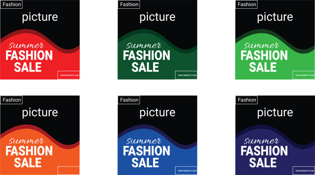 Summer fashion sale social media post templates, set of 6 colorful promotional banners, modern retail marketing vector layouts for web