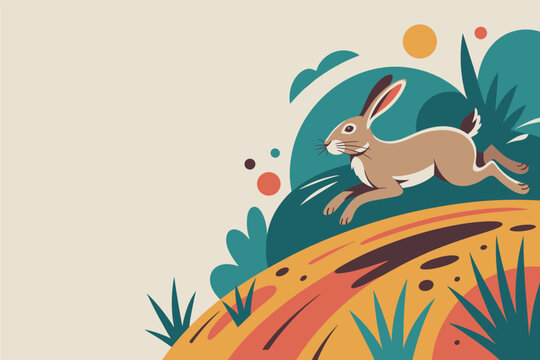 Cute brown wild hare rabbit leaping fast across a colorful grassy hill with abstract foliage backdrop, animal concept