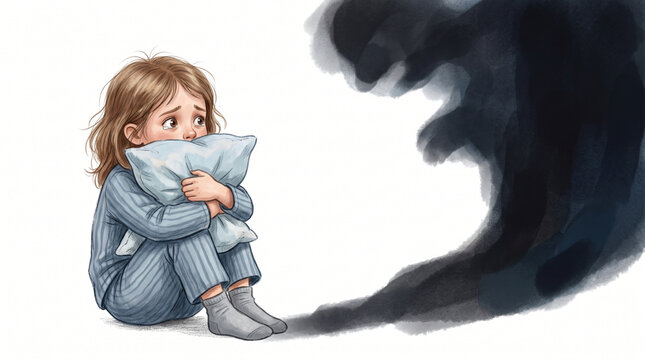 Scared Little Girl Hugging Pillow Fearing Shadow Monster Illustration