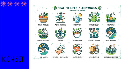 Fototapeta premium 15 modern healthy lifestyle symbols icon set with wellness fitness and mindfulness activities