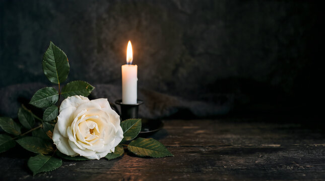 Sympathy still life white rose and lit candle on dark wood