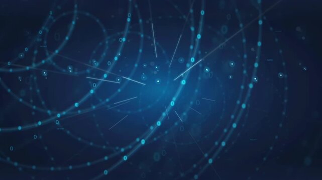 Abstract blue digital data stream with glowing particles and binary code flowing in cyberspace