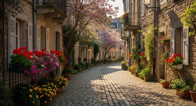 Charming Spring Cobblestone Street