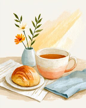 Vertical Delicate watercolor still life painting of a cozy morning breakfast with tea and a croissant, a peaceful scene for wellness blogs and slow living content.