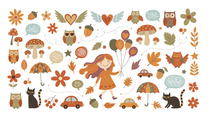 Obraz premium Autumn clip art collection shows a happy girl holding balloons alongside owls mushrooms autumn leaves and umbrellas.
