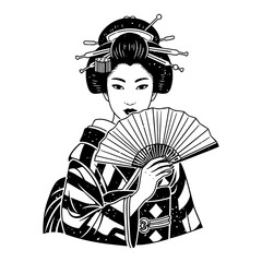 Obraz premium Beautiful Japanese Geisha Woman with Folding Fan, Traditional Kimono Portrait Illustration, Japan Culture Maiko Vector Art