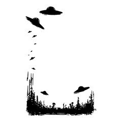 Sci-Fi UFO Alien Invasion Border Design, Flying Saucer and Alien Creature Grunge Frame Illustration Vector © Luka