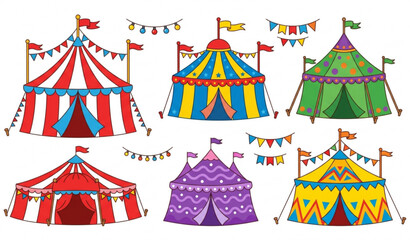 Colorful circus tent vector set with carnival festival big tops isolated on white background © MstLima