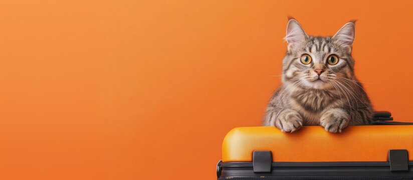 Cute happy cat sitting on a bright suitcase. Travel, vacation, and pet transportation concept