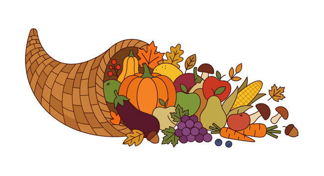 Traditional thanksgiving cornucopia filled with autumn fruits and vegetables vector illustration