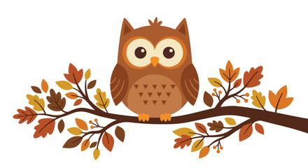 Obraz premium Cute autumn owl sitting on a tree branch with colorful fall leaves vector illustration.