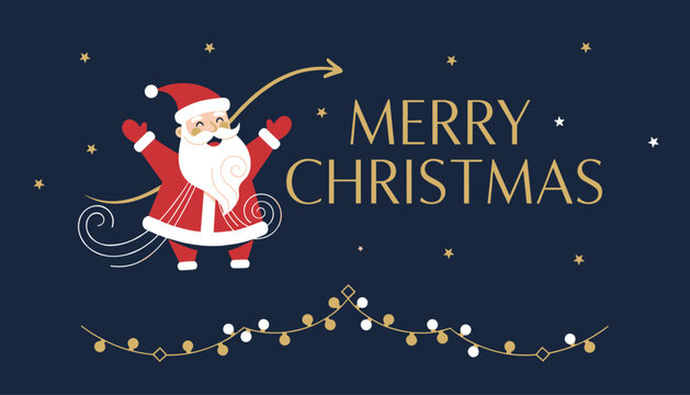 Festive merry christmas card featuring a joyful waving santa claus under gold star lights on a dark blue background.