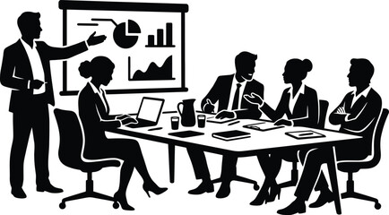 Fototapeta premium Business meeting with colleagues in silhouette style presenting data on whiteboard and discussing graphs and charts in office setting