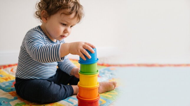 Curious toddler stacking colorful cups on a play mat learning about colors and shapes