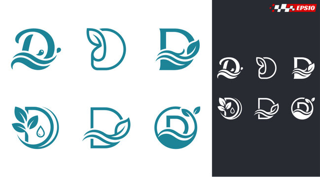 Collection of D letter logos with natureinspired elements like leaves and waves symbolizing organic and ecofriendly brands.