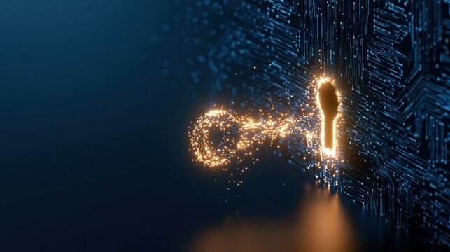A glowing key made of pure light entering a digital keyhole on a circuit board symbolizing secure access and encryption